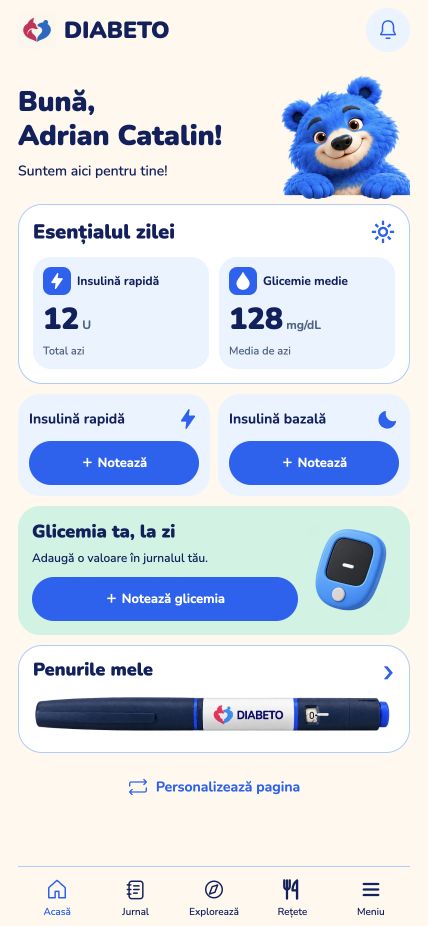 Captură a ecranului Acasă DIABETO, tema BETO, cu rezumatul zilei și acțiunile de înregistrare